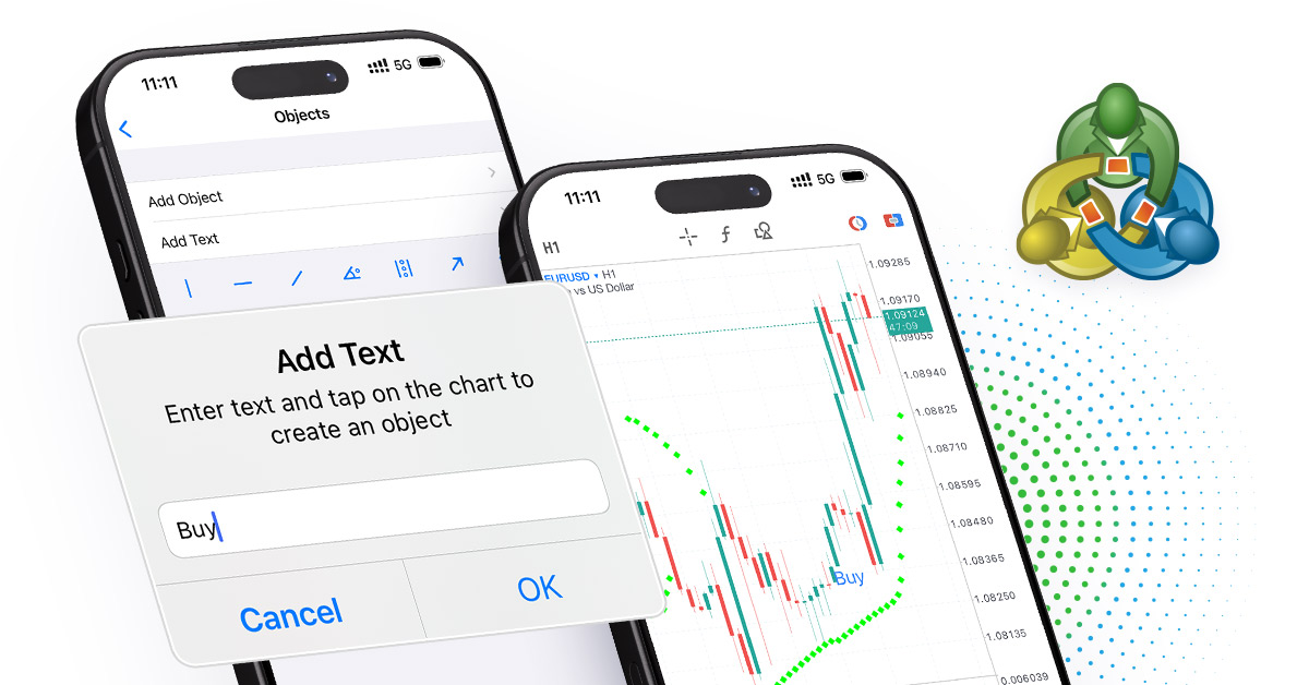 MetaTrader 5 iPhone/iPad：标尺、图表的文本对象和柱形计时器