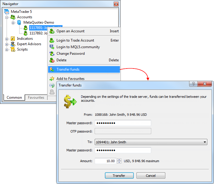 Терминал METATRADER 5. Transfer of Funds (transfers). To transfer. Hedge Funds with METATRADER 5.